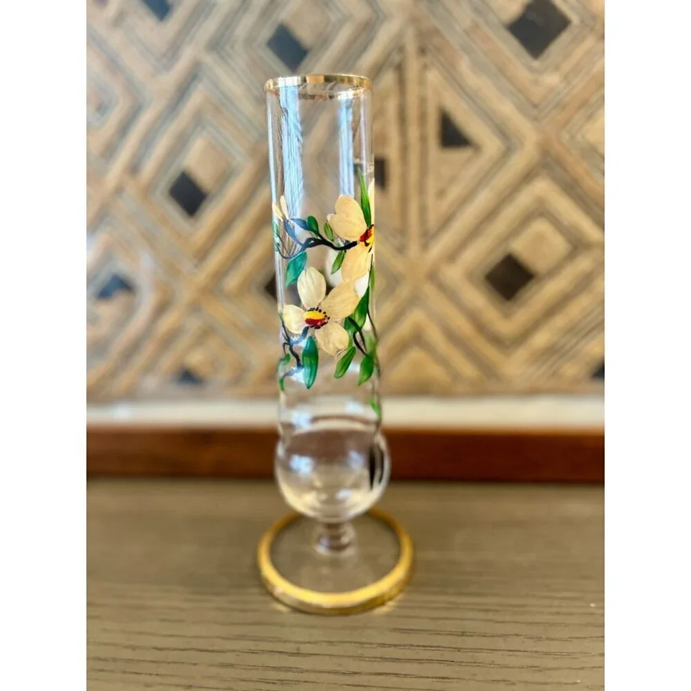 Vintage Hand-painted Pedestal GLASS VASE Painted Flowers Floral Gold Rim 8.25